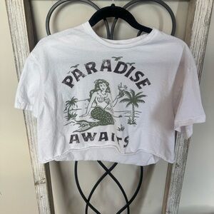 Paradise Awaits White Crop Top with Green Mermaid in Tropics Graphic Size Large‎